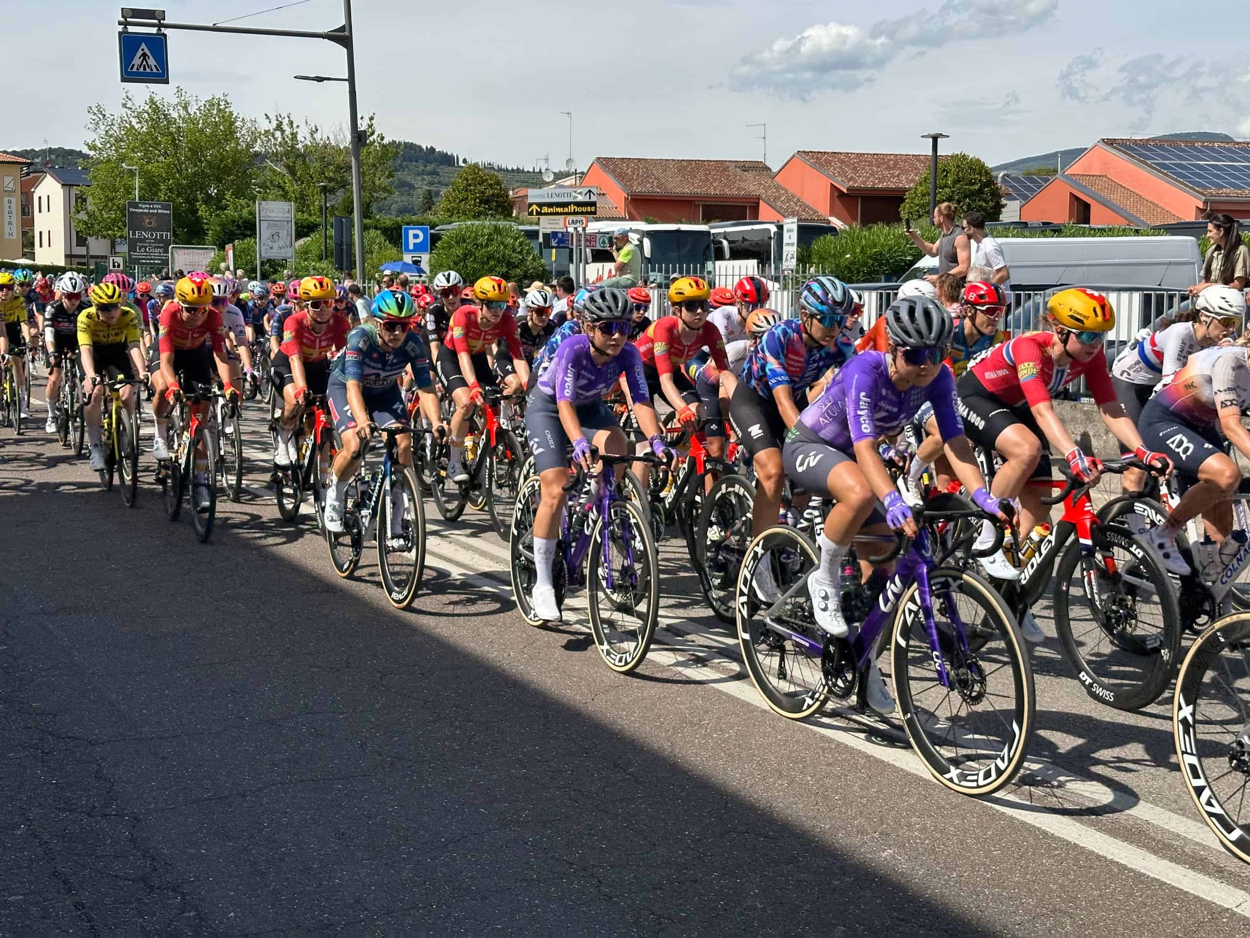 Giro d'Italian peloton ajamassa ohi, tie täynnä pyöräilijöitä.